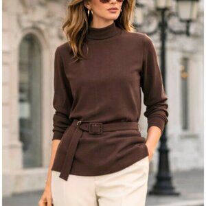 NWT ZARA Woman Brown High Neck Top Blouse Tunic With Belt